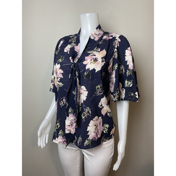F. Rebecca Taylor Silk Top 10 Floral Multicolor Blouse Short Sleeve V Neck - Picture 3 of 6